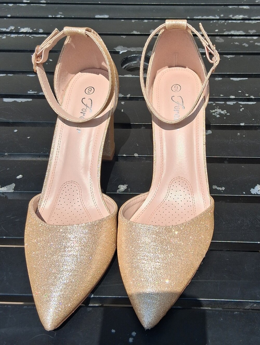 Forever 21 Glittery Gold Pointed Ankle-Strap Heels